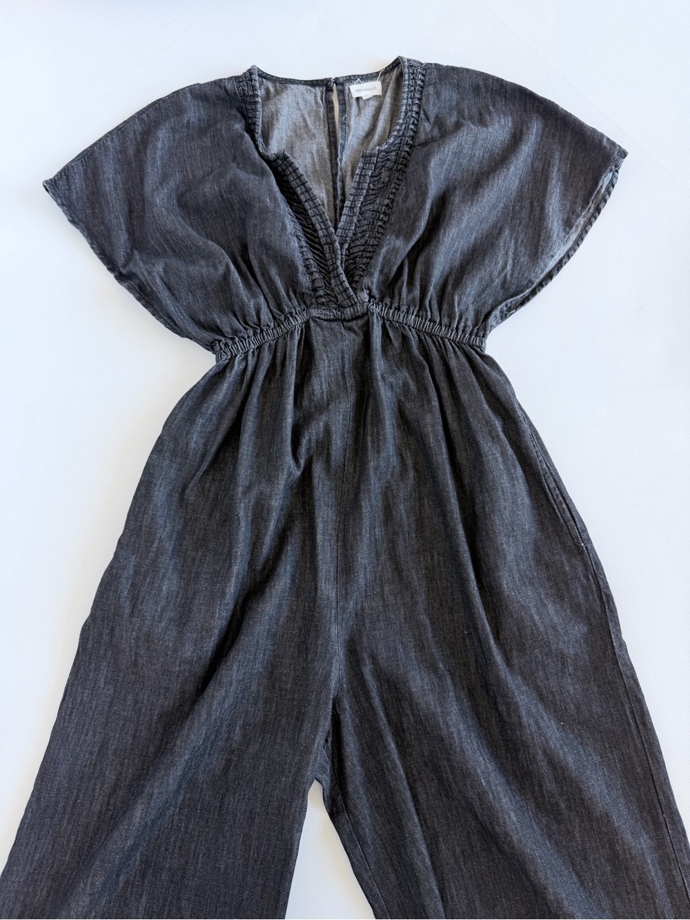 World Market Charcoal Chambray Wide Leg Jumpsuit S/M Deep V Boho Cotton - Picture 11 of 12